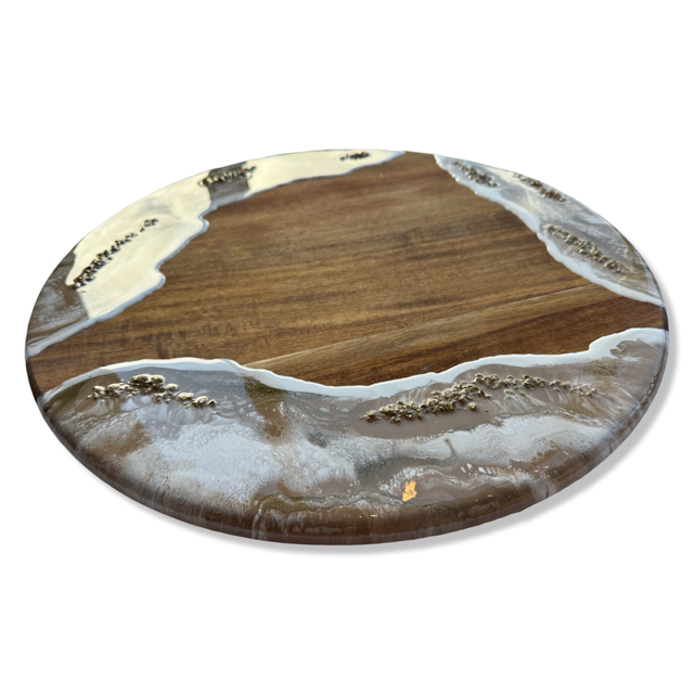 Luxe acacia houten draaiplateau met epoxy – beige/wit/goud - 50 cm