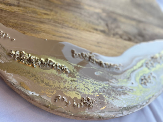 Luxe XL ronde borrelplank beige/goud/wit - siersteentjes