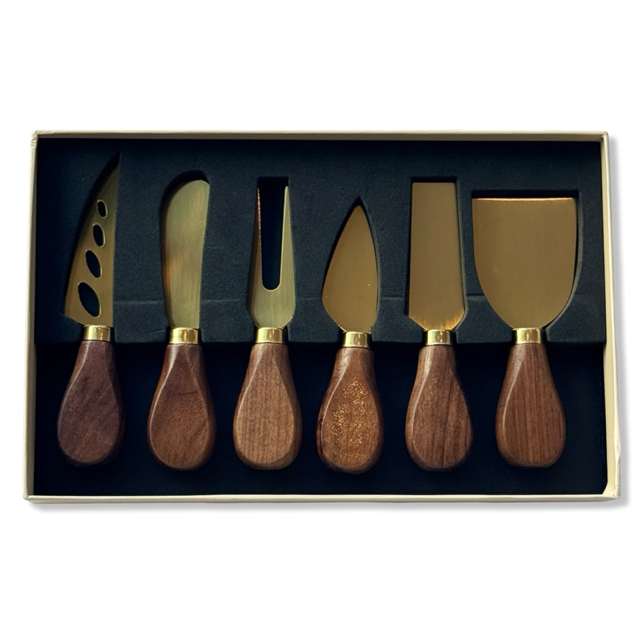 Luxe 6-delige kaasmessenset – Goud & Walnoothout