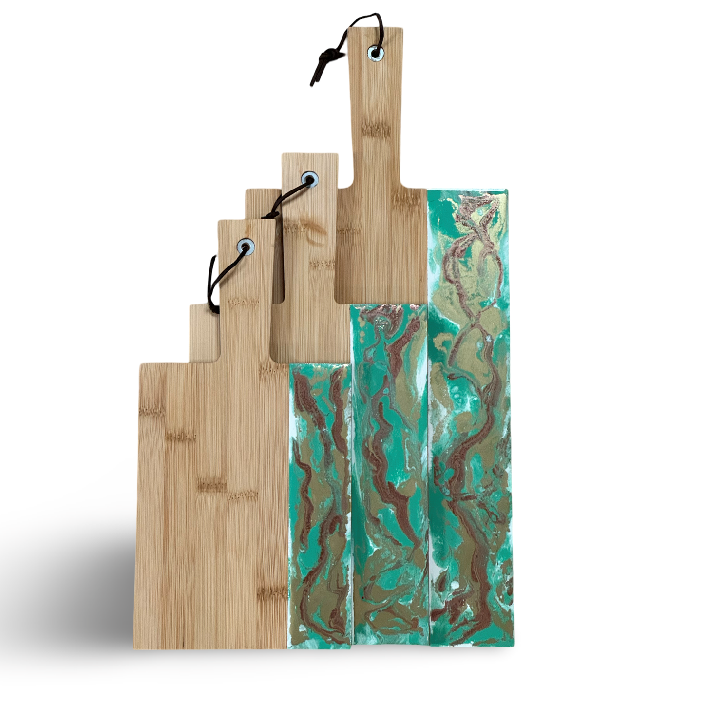 Set 3 epoxy borrelplanken groen/wit/koper/goud 10% korting