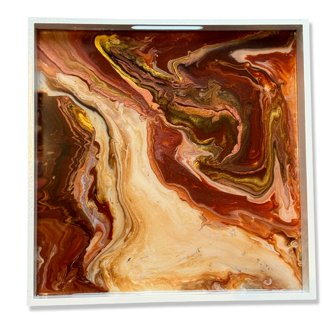 Vierkant houten dienblad met luxe epoxy versiering in trendkleuren