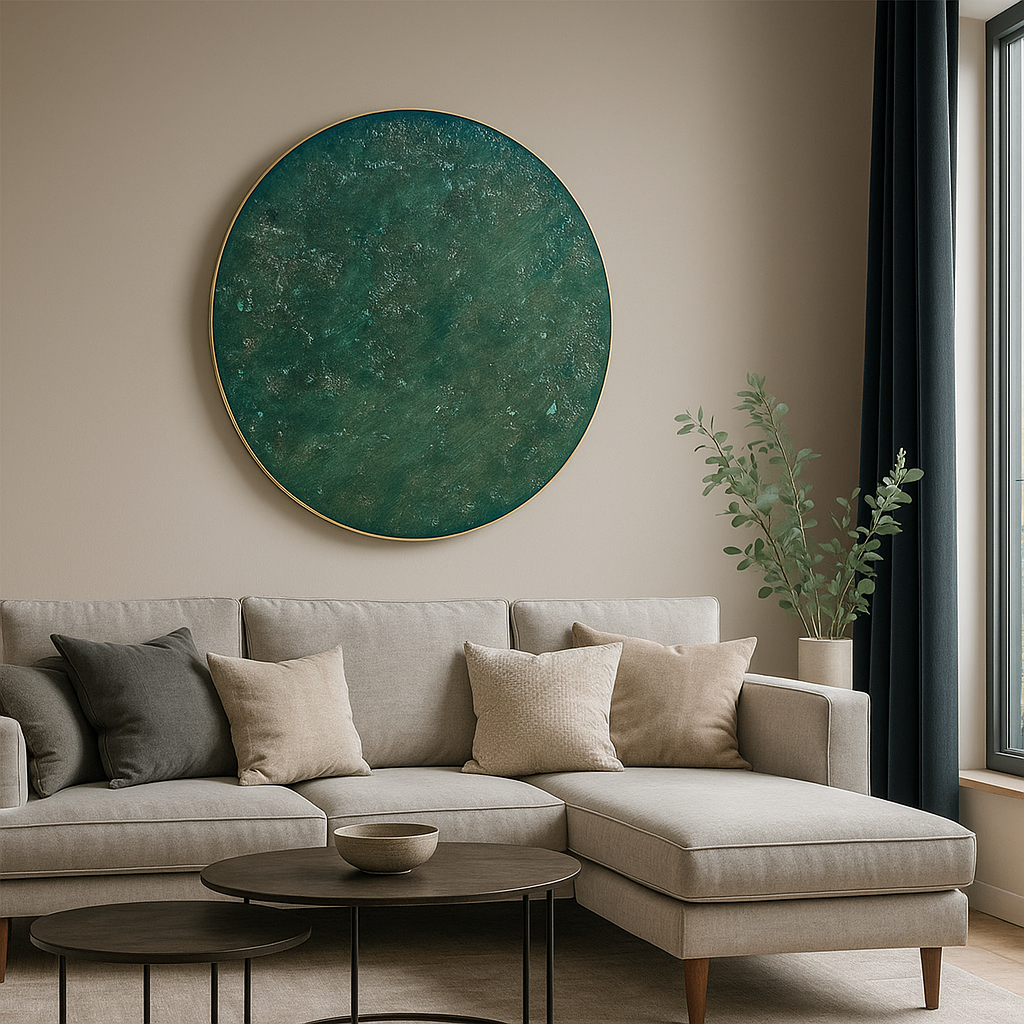 Mixed media epoxy kunstwerk - EMERALD MOON - Ø80 cm