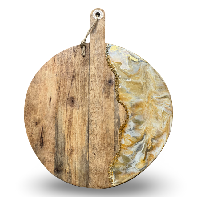 Luxe borrelplank XL met epoxy oker/wit/zilvergrijs/goud/steentjes