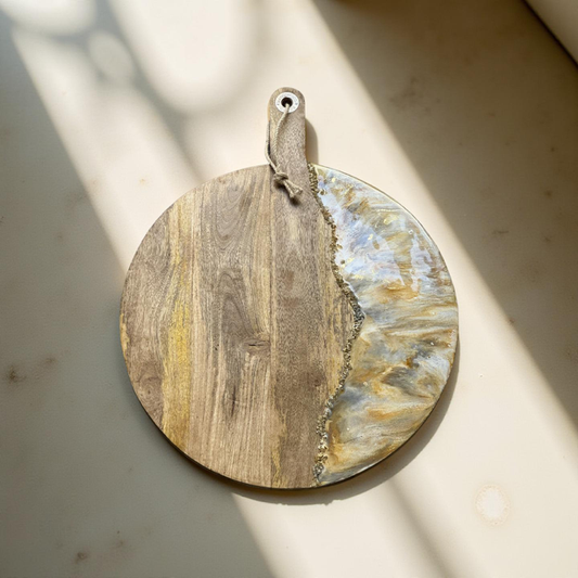 XL ronde epoxy borrelplank Deluxe oker/zilvergrijs/goud