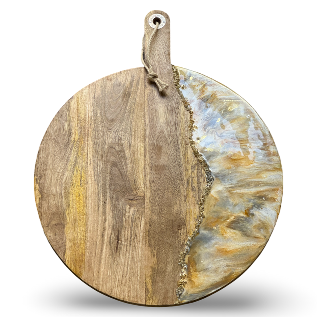 XL ronde epoxy borrelplank Deluxe oker/zilvergrijs/goud