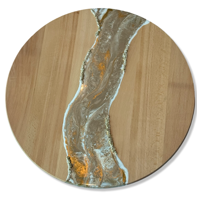 Luxe beuken houten draaiplateau met epoxy – beige/wit/goud - 60 cm