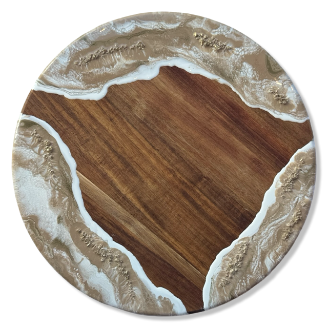 Luxe acacia houten draaiplateau met epoxy – beige/wit/goud - 50 cm