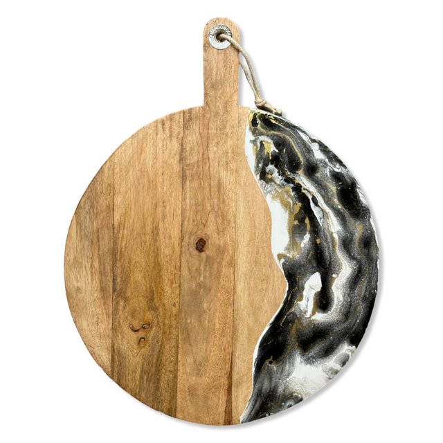 XL ronde epoxy borrelplank Deluxe zwart/goud/wit