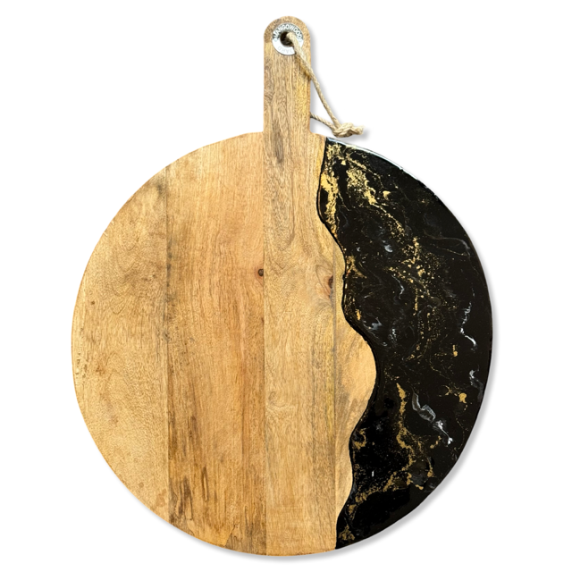 XL ronde epoxy borrelplank Deluxe zwart/wit/goud