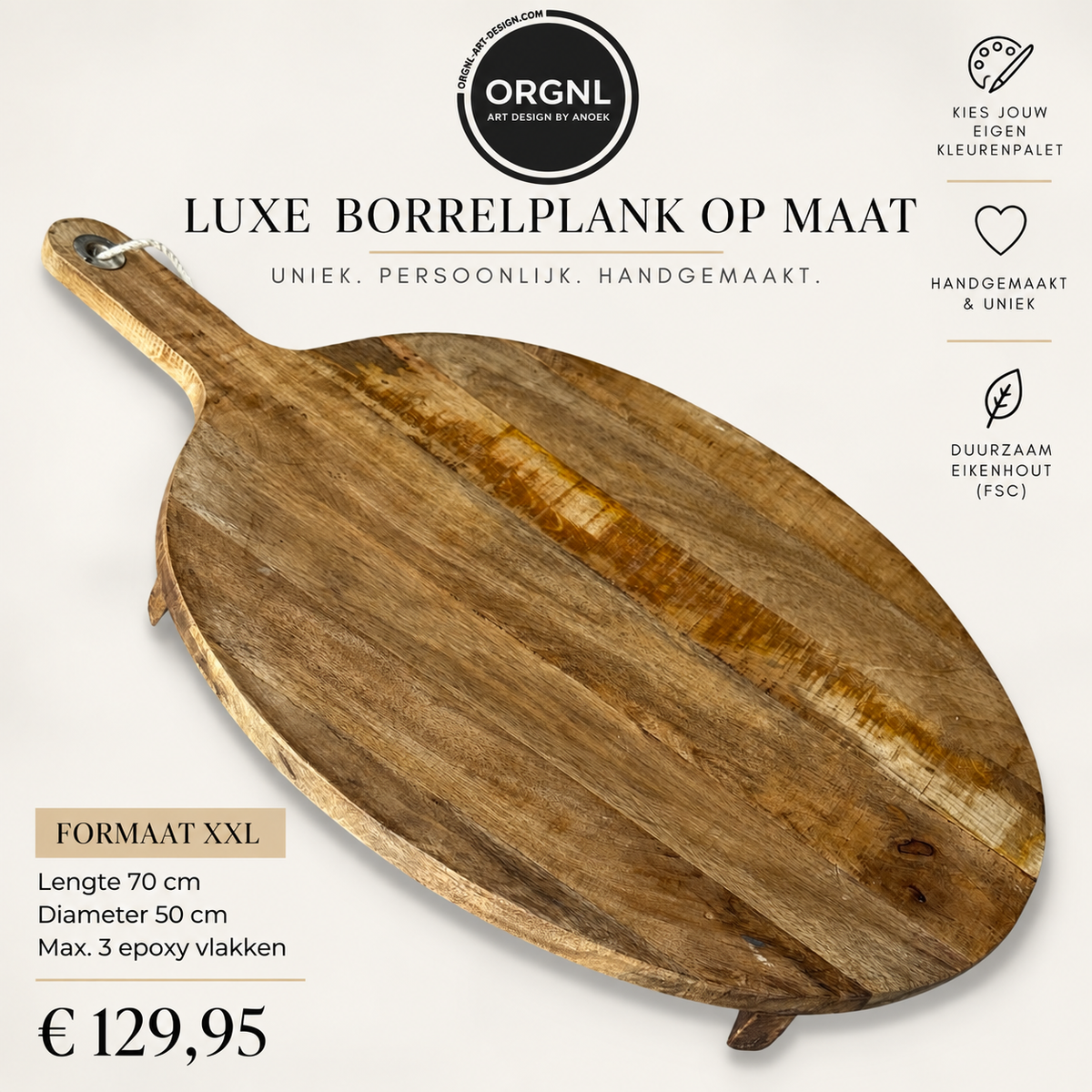 XXL – Luxe borrelplank op maat | 70 × Ø50 cm