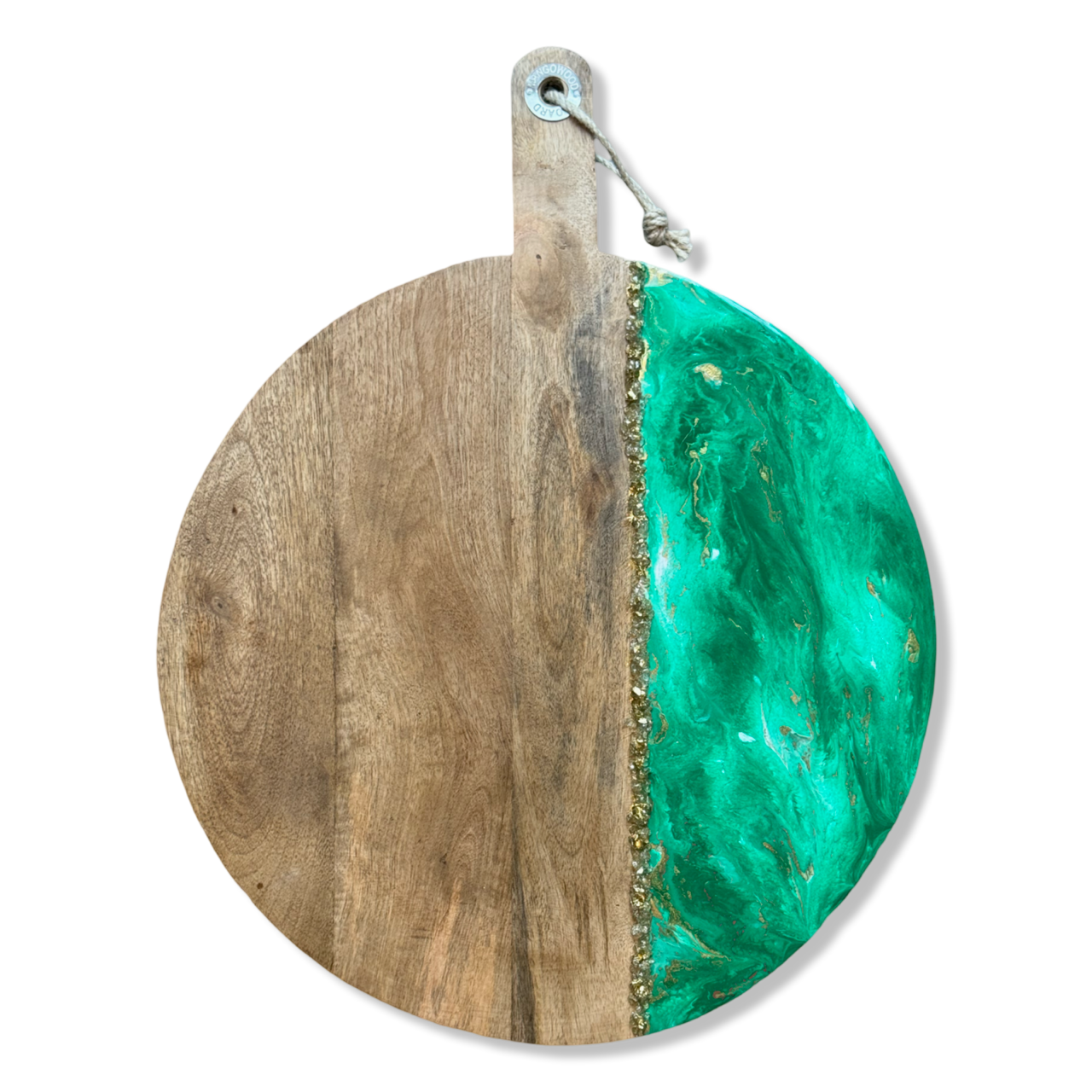 XL ronde epoxy borrelplank Deluxe groen/wit/gouden steentjes