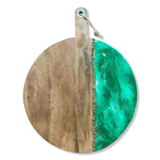 XL ronde epoxy borrelplank Deluxe groen/wit/gouden steentjes