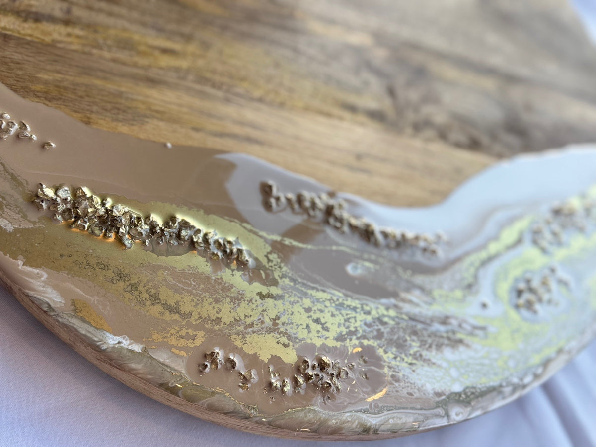 Luxe XL ronde borrelplank beige/goud/wit - siersteentjes