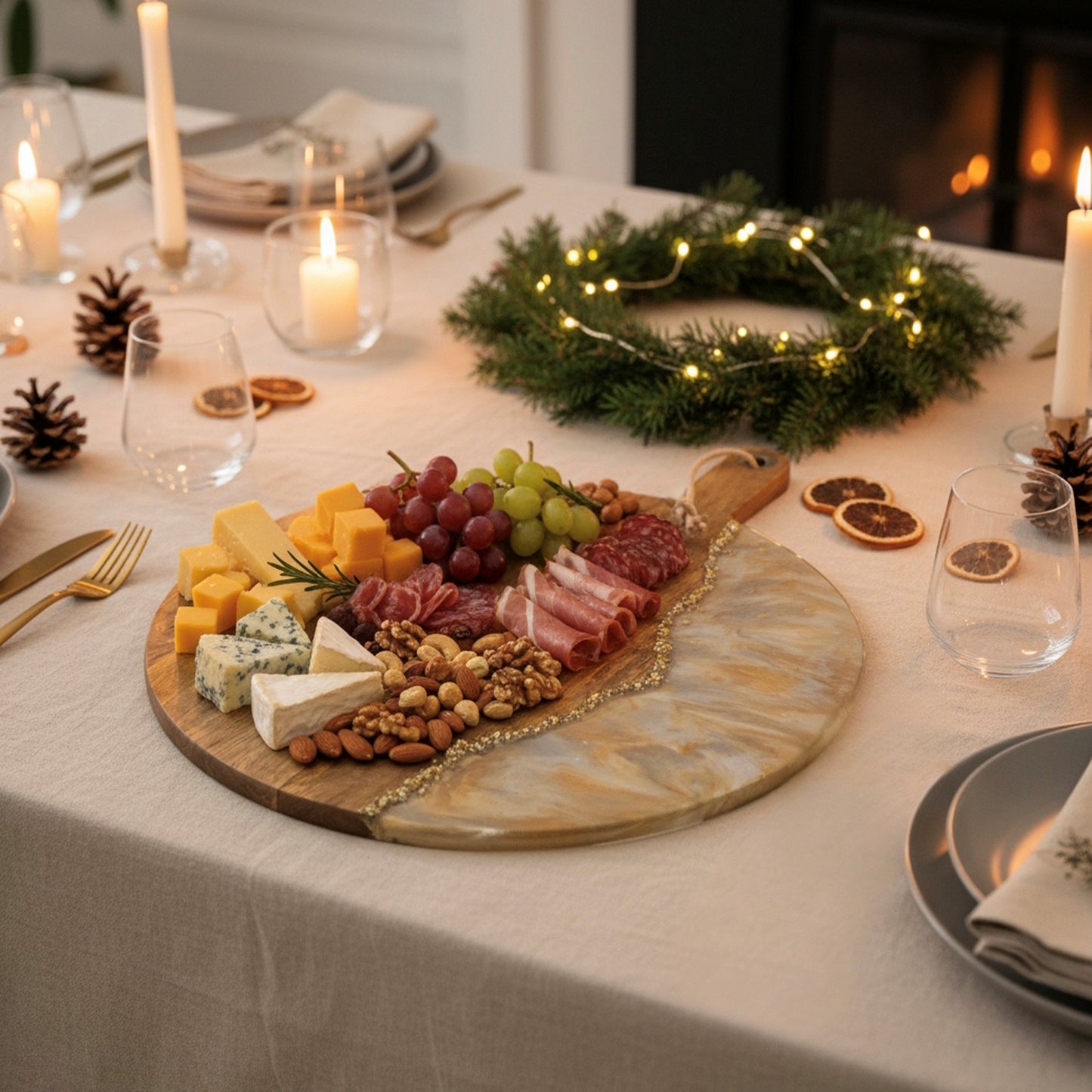 XL ronde epoxy borrelplank Deluxe oker/zilvergrijs/goud