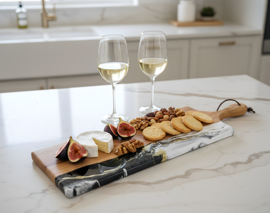 Eikenhouten luxe borrelplank Deluxe 60 cm zwart/wit/goud