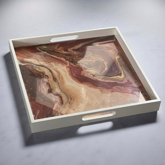 Vierkant houten dienblad met luxe epoxy versiering in trendkleuren
