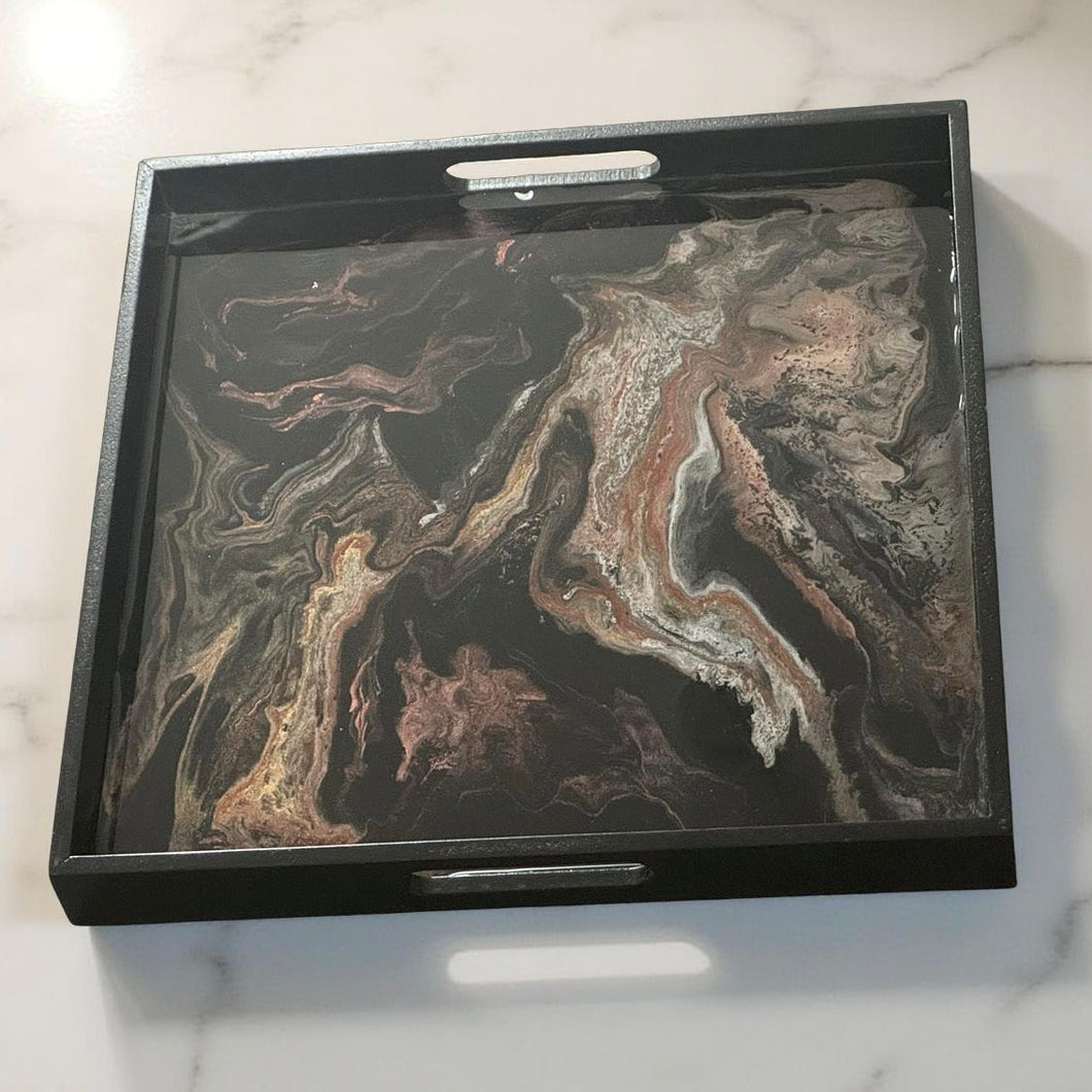 Vierkant zwart houten dienblad met luxe epoxy versiering