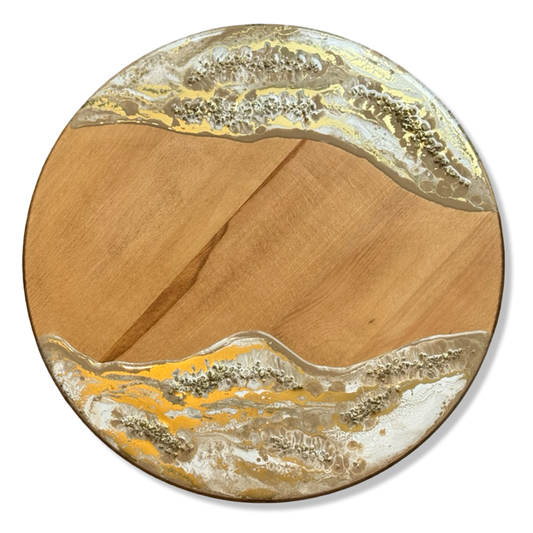 Luxe houten draaiplateau met epoxy – beige/wit/goud/siersteentjes - 50 cm