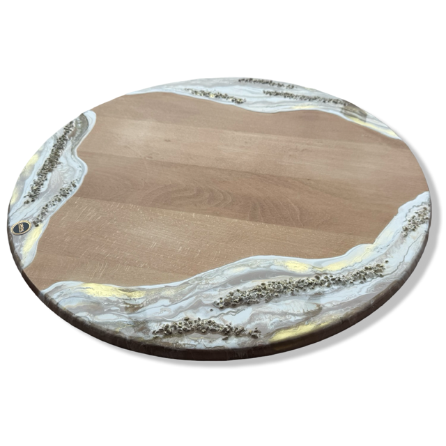 Luxe houten draaiplateau met epoxy – beige/wit/goud/siersteentjes - 60 cm