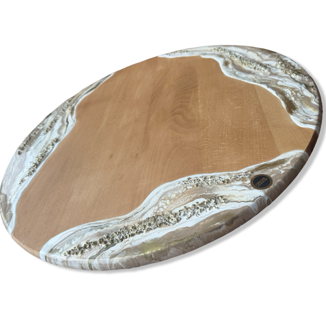Luxe houten draaiplateau met epoxy – beige/wit/goud/siersteentjes - 60 cm