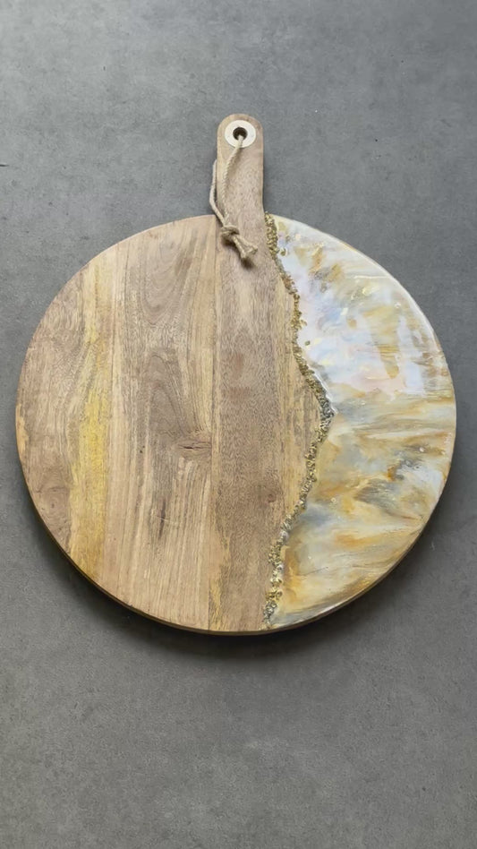 XL ronde epoxy borrelplank Deluxe oker/zilvergrijs/goud