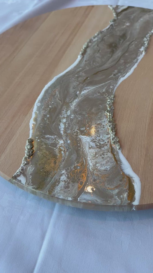 Luxe beuken houten draaiplateau met epoxy – beige/wit/goud - 60 cm