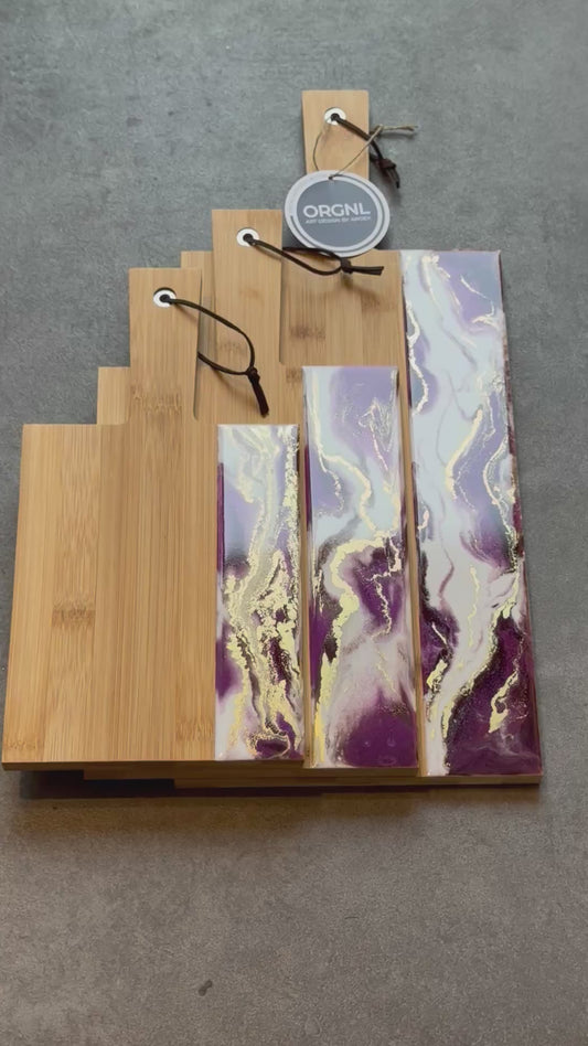 Set 3 luxe borrelplankenmet epoxy wit/paars/goud 10% korting