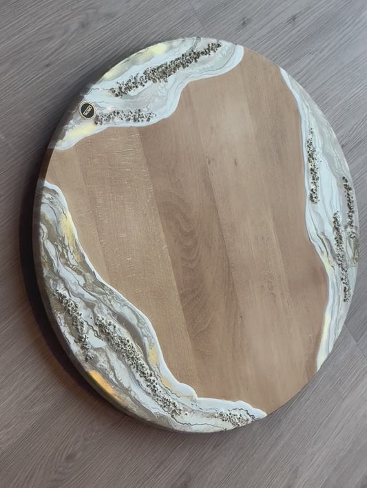 Luxe houten draaiplateau met epoxy – beige/wit/goud/siersteentjes - 60 cm