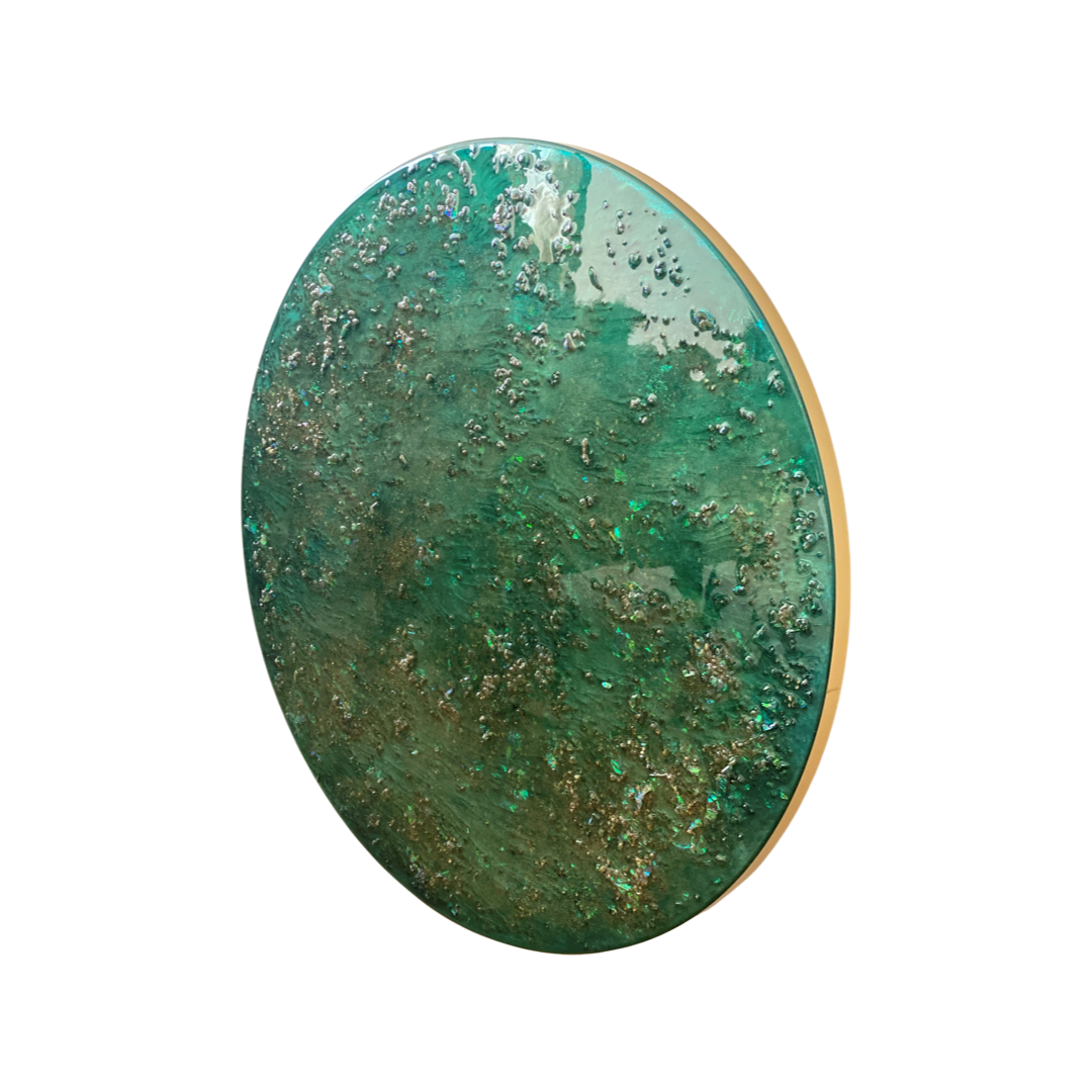 Mixed media epoxy kunstwerk - EMERALD MOON - Ø80 cm