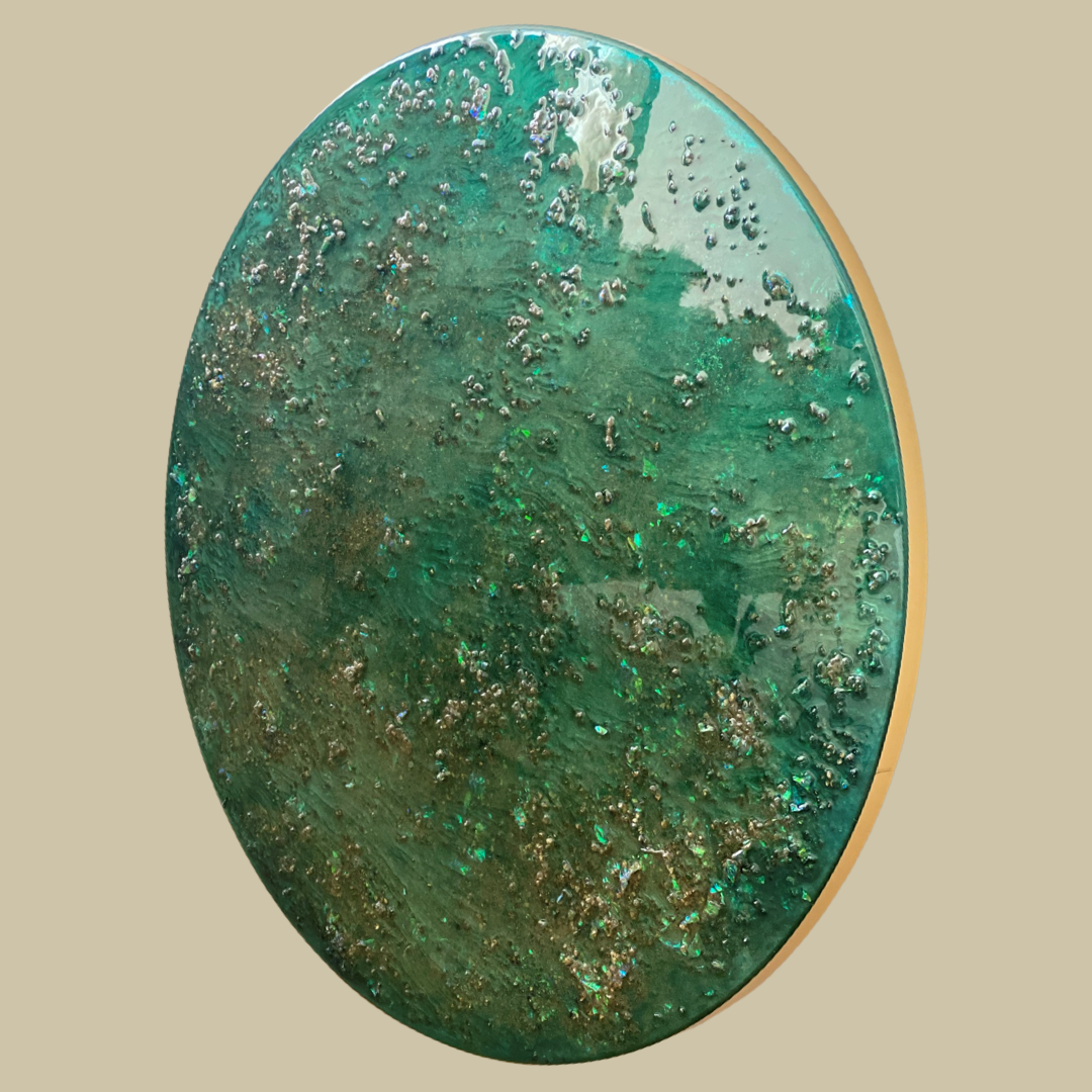 Mixed media epoxy kunstwerk - EMERALD MOON - Ø80 cm